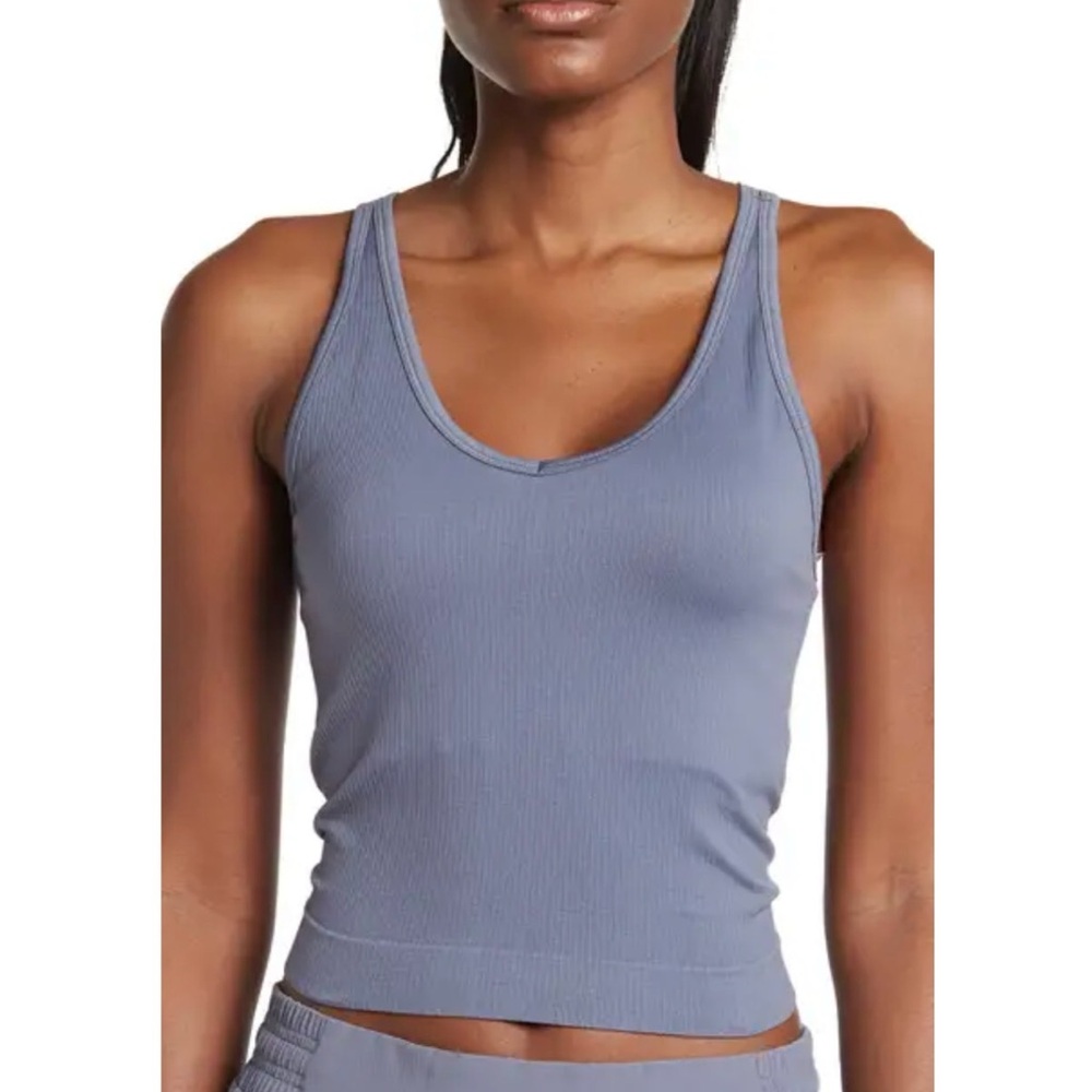 Zella Ribbed Scoop Tank Top - Slate Blue
